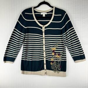 Christopher Banks Green/Cream Stripe Knit Cardigan Floral Embroidery Size Medium